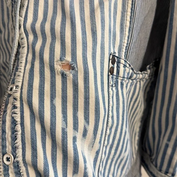 FREE PEOPLE DISTRESSED RAILROAD STIPE BUTTON DOWN - Picture 4 of 6